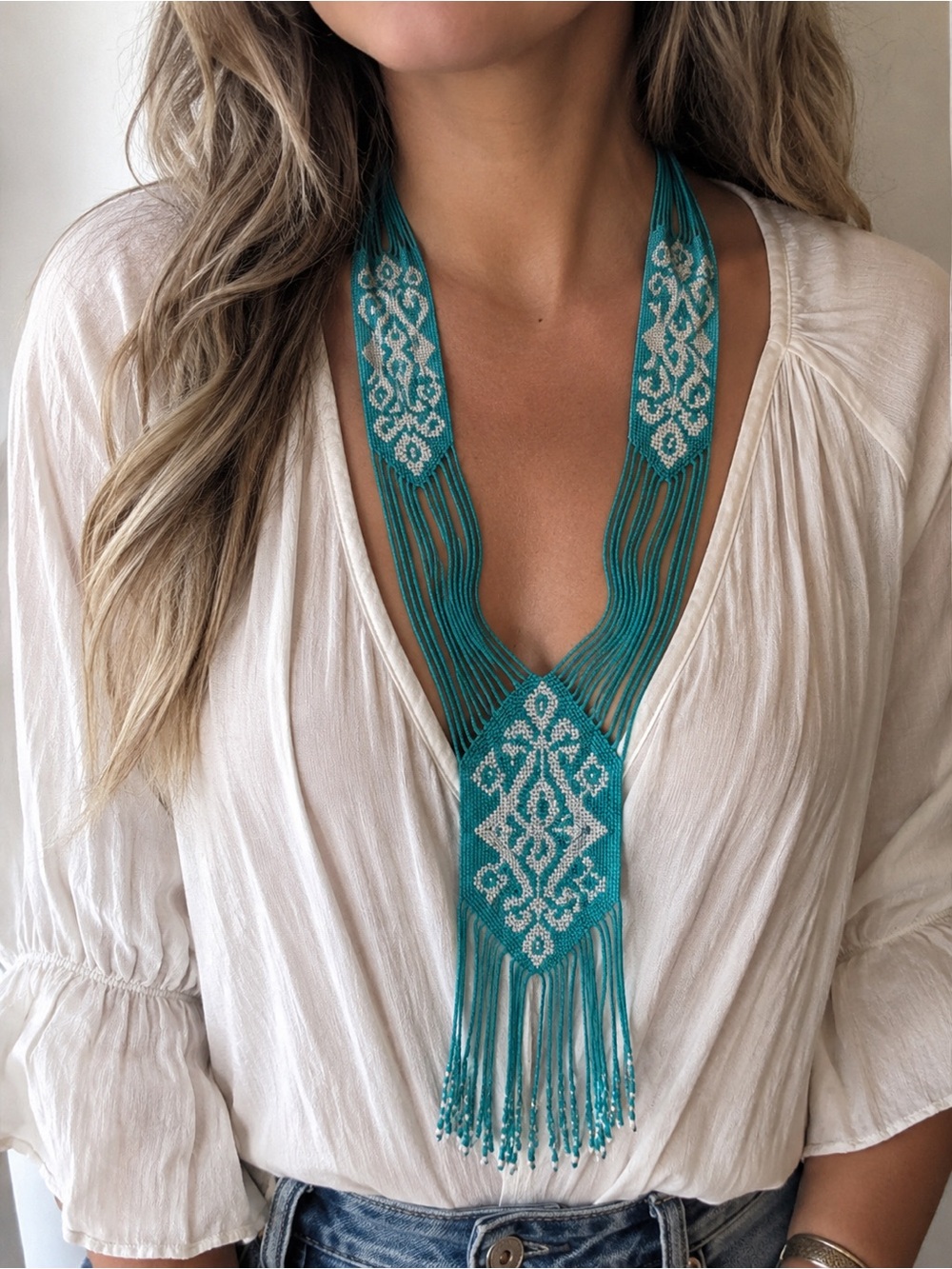 Handcrafted Teal Beaded Fringe Necklace — Women Jewelry